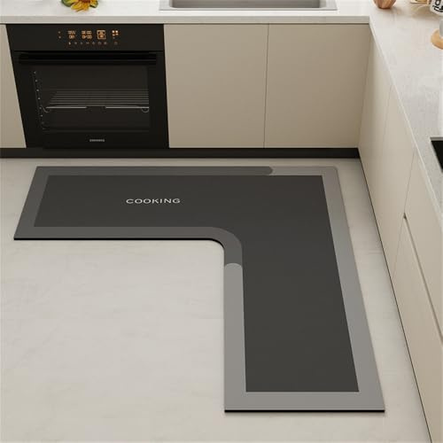 Hixingo Tapis de cuisine antidérapant, lavable, absorbant en forme de L, séchage rapide, pour salle de bain, buanderie, évier (120 x 45 cm, gris foncé)