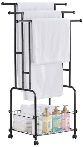 LIUBEI Porte Serviette sur Pied avec Étagère de Rangement, Roulettes et Gain de Place - Accessoires de Salle de Bain, Noir