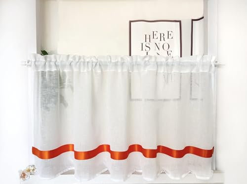 Daliena Scheibengardine mit Satinband Kurzgardine Leinenoptik Kurzstore Halbtransparente Bistrogardine, Kleiner Fenstervorhang für Wohnzimmer (BxH 100x45cm) Orange mit Stangendurchzug 1 stück