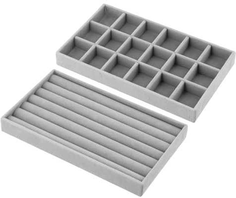 QWORK® 2 Stück Schmucktablett, Schmucktablett aus Samt, Schmuck Organizers, zur Präsentation von Ohrringen, Ringen, Uhren und Armbändern, Grau