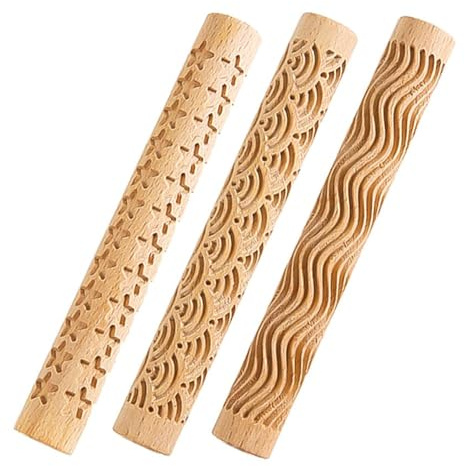 VOANZO 3-delat trälera modelleringsmönsterrullar kit lerkavel texturerad handrulle texturerat trähandtag keramik keramik snidade verktyg