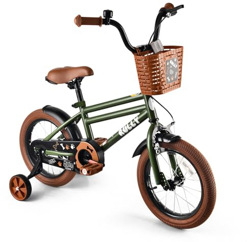 RULLY Bicicletta da ragazzo da 12 pollici, colore verde, bicicletta per bambini da 2 a 4 anni, con ruote di supporto, freno a contropedale e freno a mano, cestello, telaio in acciaio leggero