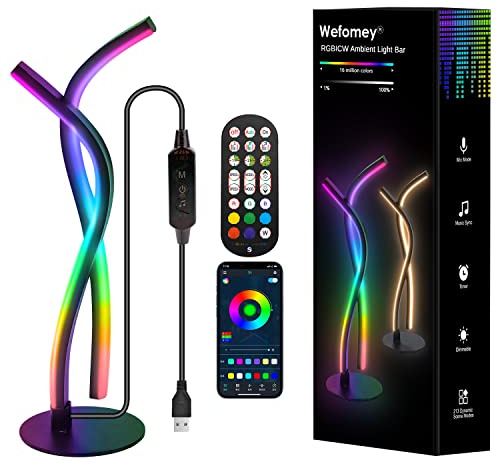 Wefomey Bedside LED Table Lamp Modern, RGBWIC Ambiance Color Changing Dimmable Desk Nightstand Lamp with Smart App Control and Remote, 5V USB LED Lightbar for Bed Living Room