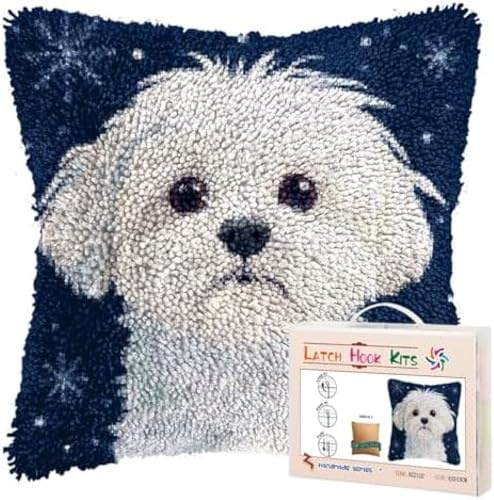 ANSIWEIGO Latch Hook Pillow Kits for Adults Merry Christmas Maltese Dog DIY Pillow Cover Printed Pillowcase Crochet Yarn Kits Needlework Crafts Handmade Cushion for Home Sofa Decoration,43x43cm