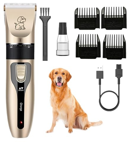 Professional Dog Clippers for Thick Hair, Rechargeable Low Noise Cordless Pet Grooming Kit for Dogs Cats and Other Pets, Ceramic Blade Shaver with 4 Guide Combs, Adjustable Trimmer for Home Use