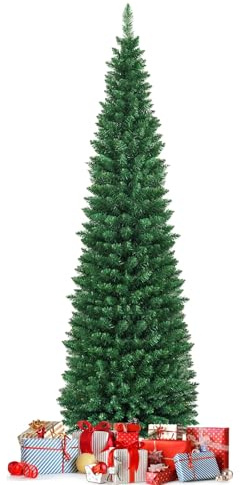 COSTWAY Albero di Natale Slim 150/180/210/240/270 cm, Albero di Natale Artificiale con 220/400/700/1000/1500 Rami e Base in Metallo, Decorazioni Natalizie per Casa e Negozio (210 CM)