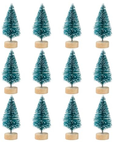 12 Pcs Mini Christmas Tree, Bottle Brush Christmas Trees, Mini Ornaments Tabletop Tree, Miniture Snowing Pin Trees With Wooden Bases for Xmas Holiday Party HomeTable Craft Decor Decorations (Green)
