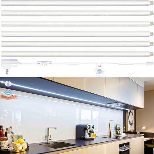 CULAVON Motion Sensor Under Cabinet Lights, Plug in, Seamlessly Linkable, 6 Pcs 12 Inch Under Counter Lighting Bars for Kitchen, Closet, Gun Safe, Shelf, Display Case, LED 5000k Daylight