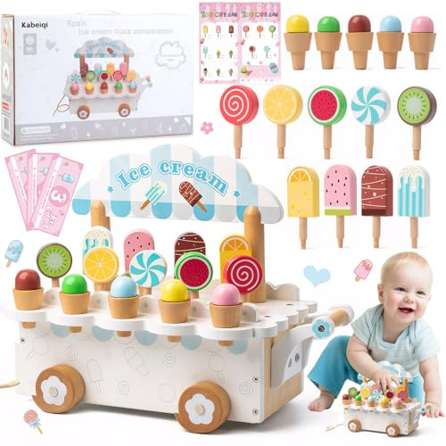 JORAKI Wooden Ice Cream Toy Shop Play Food Sets Toddler Pretend Play Kitchen Accessories, Wooden Food Toys Kitchen Toys Role Play Educational Toy Gift for Girls Boys 3 Years Old Boy or Girl
