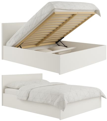 roe furniture Doppelbett 120x200cm, Stauraumbett mit Bettkasten & Birkenholz Lattenrost, Robustes Bett mit Kopfteil, Bettgestell aus Schichtstoffplatte, ohne Matratze, Weiß