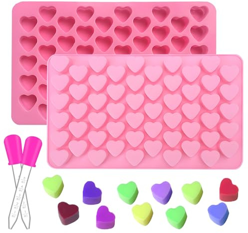 2 moldes pequeños de silicona con forma de corazón con 2 pipetas, mini moldes para cubitos de hielo, moldes para magdalenas, chocolate, bombones, accesorios para chocolate, cubitos de hielo, jabón