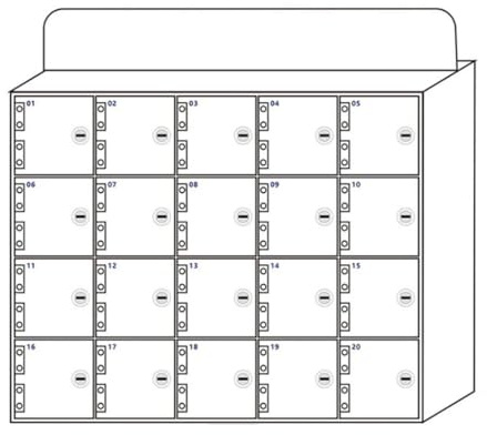 Abschließbare Aufbewahrungsbox mit 20 Fächern, Acryl, für Büros, Hotels, Schulen – sicherer mobiler Gerätehalter für öffentliche Räume
