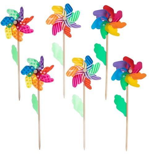 Mikinona Molinillos de Viento para 18 Cm, 6 Piezas Coloridos Varilla de Madera, Juguetes de Molinetes para Jardín y Decoración al Aire Libre, Adecuado para Fiestas y Patios