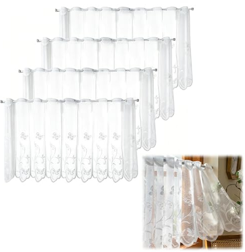KQWVZ 4 stück Scheibengardinen, 130x45cm Bistrogardine mit Blumen Schmetterling, Scheibengardinen Modern Kurz, Halbtransparente Vorhänge,Scheibengardine Küche für Wohnzimmer und Küche, Weiß