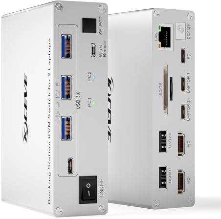 YOUTINGHDAV KVM Switch USB C Dock för 2 Laptops, KVM Switch 2 Computers 2 Monitors USB-C HDMI, 4K@60Hz, MST, 80W PD, USB3.0, 5Gbps, Gigabit Ethernet, TF/SD Port, Wired Remote(4K USBC 2 in 2 out)