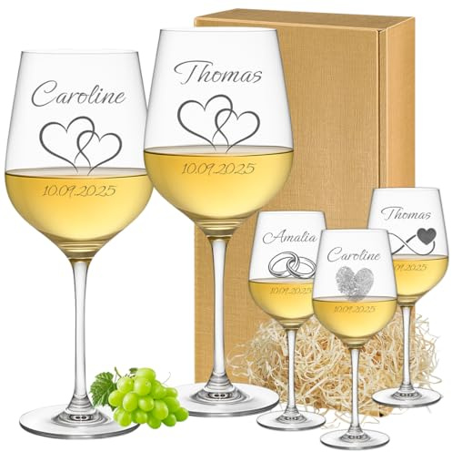 2 Personalisierte Weißweingläser mit Gravur - Hochzeitsgläser Set für Brautpaar - Weingläser mit Namen und Datum - Geschenk Hochzeit - Viele Motive zur Auswahl - 440 ml Glas