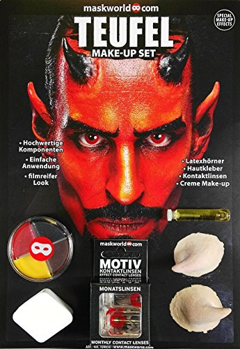 Hochwertiges Halloween Schminke Komplett-Set TEUFEL mit perfekt abgestimmten Komponenten - Make-Up - Hörner - Hautkleber - Kontaktlinsen - Verkleidung - Party
