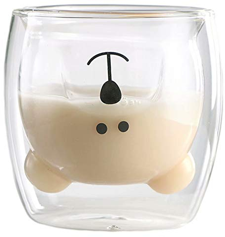 LINCMAN Taza de café doble pared taza de cristal árbol de Navidad tazas de cristal pequeño oso con diseño de leche, regalo de cumpleaños creativo San Valentín romántico (White Bear)