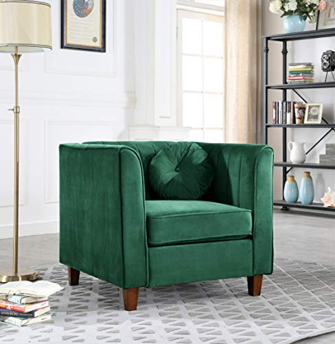 Container Furniture Direct Arvilla Velvet Chair with Bolster Pillows, Soft Upholstery, Mid Century Modern Design, Chesterfield-Inspired Accent Armchair for Living Rooms, Lush Green