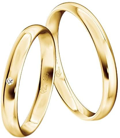 JC Trauringe Gelbgold 333 Paarpreis Eheringe Gold I Verlobungsringe Gold breit 3,0 mm I Partnerringe mit Gravur in edler Schatulle I 2 Hochzeitsringe Herrenring & Damenring mit Stein