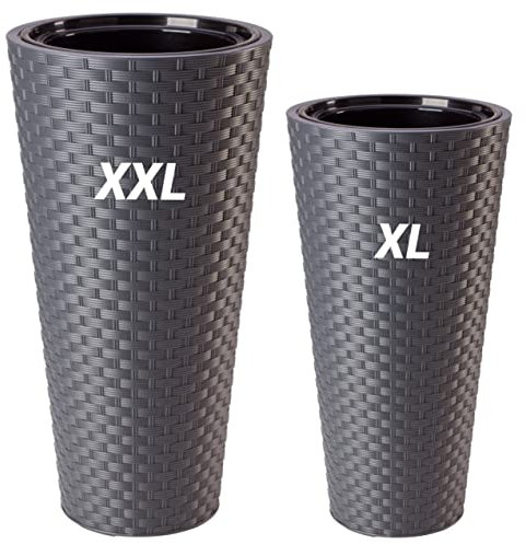 MELTOM Blumenkübel Blumentopf Rund mit Herausnehmbaren Einsatz Rattan Effekt Anthrazit SET2: XL + XXL