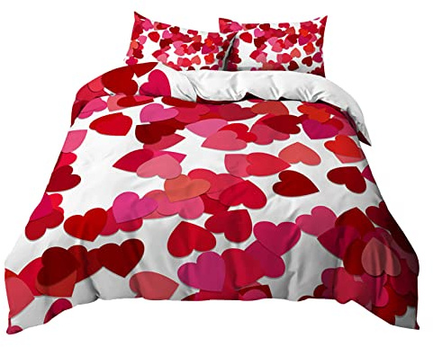 Morbuy Set di Biancheria da Letto di Matrimoniale 3D Romantico Amore Stampa Digitale, Doppio Set Copripiumino in Morbido Microfibra con Federa e Copripiumini a Cerniera (Cuore Rosso,180x220cm)