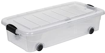 Kreher Aufbewahrungsboxen mit Deckel und Rollen. In Transparenter Ausführung aus robustem Kunststoff. In verschiedenen Größen (wählbar). (30 Liter Unterbettbox)