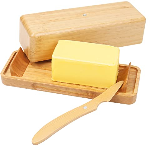 CJCSM Mantequera, Mantequera con Tapa, Mantequera de Bambú para Mesa con Medidas y Cuchillo