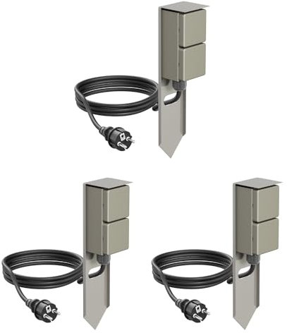 ledscom.de 3 PIWI Toma de jardín Columna con piqueta de Tierra y Cable de 2m para Exteriores, IP44, 2 vías, Acero Inoxidable