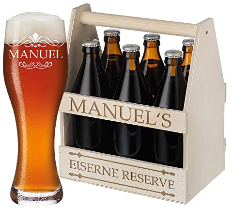 polar-effekt Bierträger aus Holz + Weizenglas mit Gravur personalisiert 1x Flaschenhalter Männerhandtasche - 1x Weißbierglas zum Geburtstag für Männer