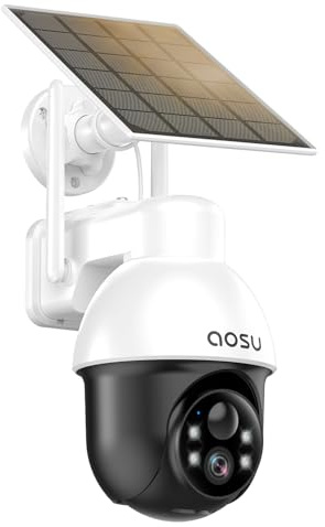 aosu Solar Security Camera Wireless Outdoor with Panoramic PTZ, Human Auto Tracking, 2K Night Vision, Light and Sound Alarm, 2-Way Audio, Works with Alexa/Google Assistant for Home Surveillance