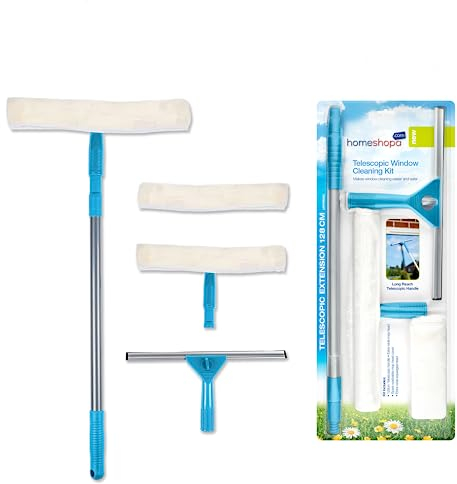 HOMESHOPA Window Cleaning Kit, Window Cleaning Equipment-128cm Extendable Telescopic Pole & Squeegee Cleaner with Aluminium Pole for High Windows, 2 Microfibre Heads, Glass Cleaner for Indoor/Outdoor