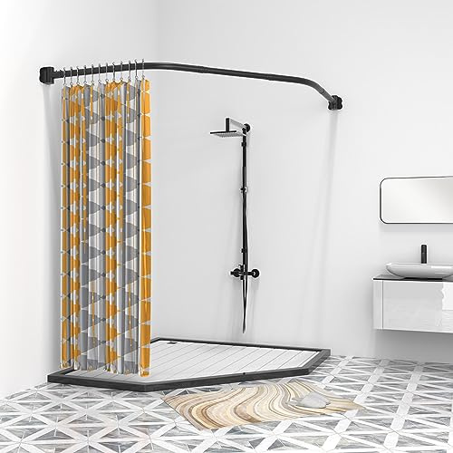 Misounda Barra Cortina Ducha Trapezoidal, Barra Ducha Curva de Acero Inoxidable con Anillas, 70x(65-90) x70 cm Barra Angular con Ajustable 180° Base para Bañera Baño