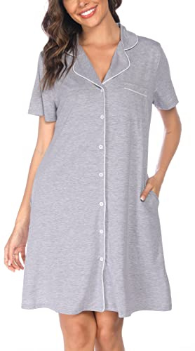 Vlazom Kort damnattlinne med knäppt framsida babydoll dam sommar kortärmad t-shirt sexig dam, A-grå ljus blommig, M