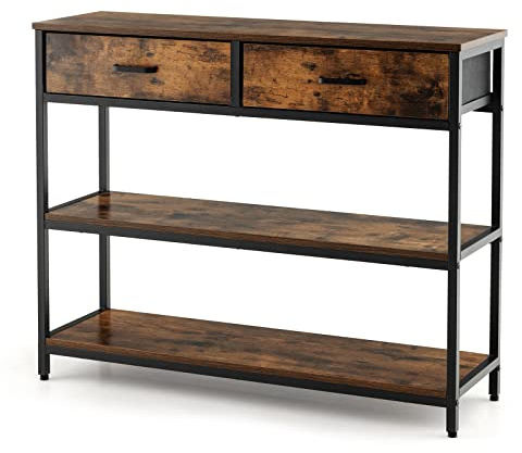 LIFEZEAL Konsolentisch 3 Etagen, Eingangstisch mit 2 Schubladen, Flurtisch mit Metallrahmen, Wohnzimmertisch Industriestil, 100 x 30 x 80 cm, rustikales Braun | Eingangsmöbel mit Metallrahmen, 2 Anti-Kipp-Kits, 100 x 30 x 80 cm, rustikales Braun