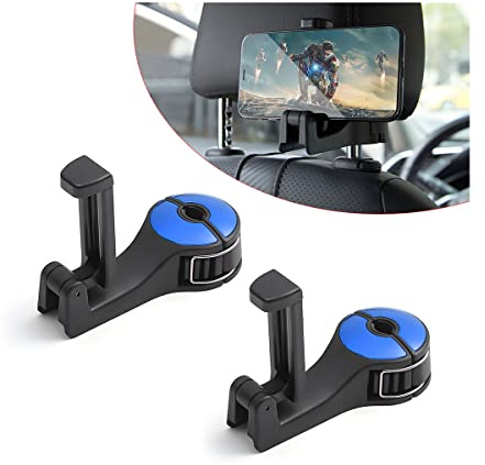CGEAMDY 2 STÜCK Auto Aufbewahrungstasche Haken, 2 in 1 Autositz Kopfstütze Haken mit Telefonhalter, 360° Rotation Auto Kopfstütze Versteckter Haken für Lebensmitteltaschen, Geldbörsen, Telefone (Blau)