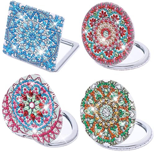 Junerain 4Pack Diamant Malerei Kompaktspiegel Mandala DIY Taschenspiegel Diamant Kunstmalerei Makeup Spiegel,Vergrößerungs Klappspiegel Handtasche Geschenk for Frauen Mädchen Kinder