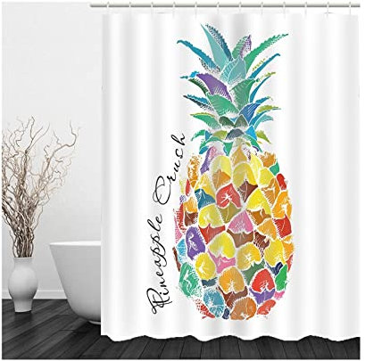 Whoiy Duschrollo Weiß, Badewannenvorhang Ecke 150X180cm Polyester Duschvorhang Farbe Ananas Grau für Badezimmer