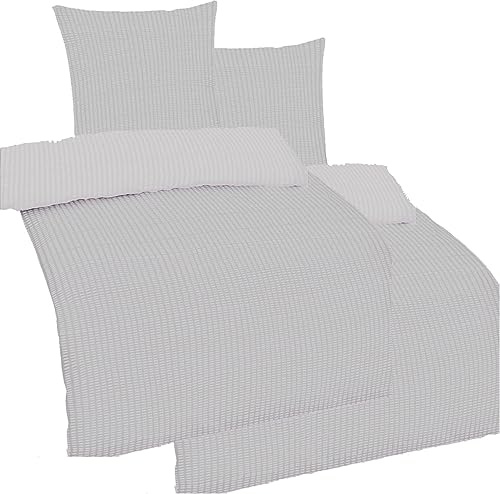 KH-Haushaltshandel 4-TLG. Seersucker Bettwäsche 2X 135x200 + 2X 80x80 cm, Uni einfarbig, Silber-grau, Reissverschluß, bügelfrei, Microfaser (60354)