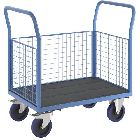 eurokraft pro | Plattformwagen mit Gitterwänden | 3 hohe Gitterwände, LxB 1050 x 700 mm, Vollelastikreifen