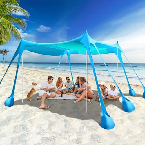 Rhino Valley Beach Tent, 10 x 10 FT Beach Shade UPF50+ Protection, BeachCanopy with 8 Sandbags 4 Stability Poles, Outdoor BeachTent Sun Shelter Umbrella for Sand, Camping, Fishing, Sky&Light Blue