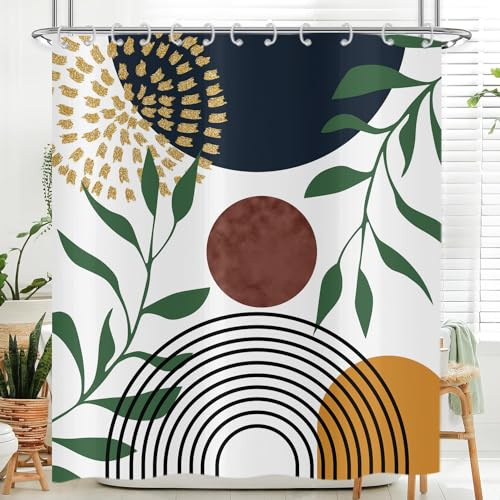 Hnmdmyi Duschvorhang Boho 180x200, Mid Century Abstrakt Grün Blätter Bogen Sonne Modern Geometrisch Minimalistisch Ästhetisch Kunst Badewanne Vorhang Wasserdicht Polyester Stoff Waschbar Badevorhang