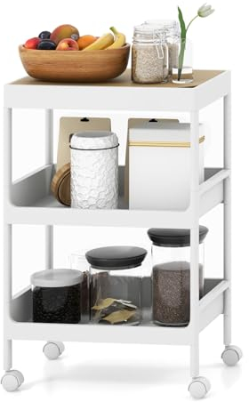 COSTWAY Rollwagen mit 3 Ebenen, Servierwagen mit Rollen und abnehmbarem Tablett, Allzweckwagen, Küchenwagen, Aufbewahrungswagen für Küche, Badezimmer, 40 x 26 x 61 cm, Weiß