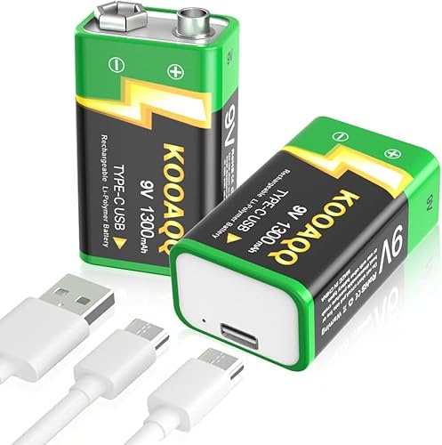 KOOAQQ Rechargeable 9v Batteries, (New Upgraded) 1300mAh 9 Volt Lithium Battery for Smoke Alarms,Microphones,Walkie-Talkie,Toys etc, USB-C Recharge with 2 in 1 Charging Cable, 2-Pack