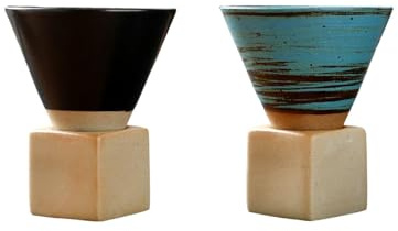 BEIJIALY 2 Pcs Coarse Pottery Coffee Mug with Base, 200ml Ceramic Japanese Coffee Tea Cup Mug, Creative Triangular Cone Shape Porcelain Mug for Home Office(Blue Black)