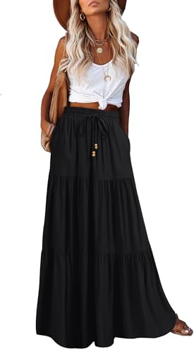 HAEOF Jupe maxi d'été pour femme, style bohème, coupe A, avec volants, élastique, taille haute, pour la plage, avec poches, Noir , XL