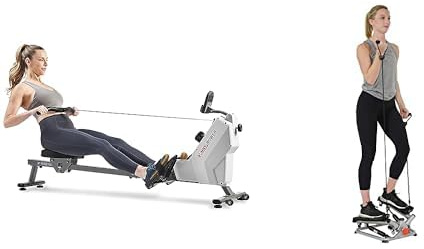 Sunny Health & Fitness Advanced Twist Stepper Machine, Portable Mini Stair Stepper, Resistance Bands + Compact Folding Magnetic Rowing Machine w/ 109 cm Slide Rail, 130 KG Max