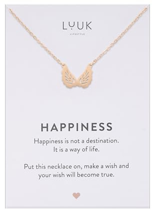 LUUK LIFESTYLE Collar con colgante alas de ángel y de acero inoxidable, tarjeta frase HAPPINESS 50 cm, cadena resistente al agua, amuleto de la suerte, regalo para mujer, aniversario, Oro rosa