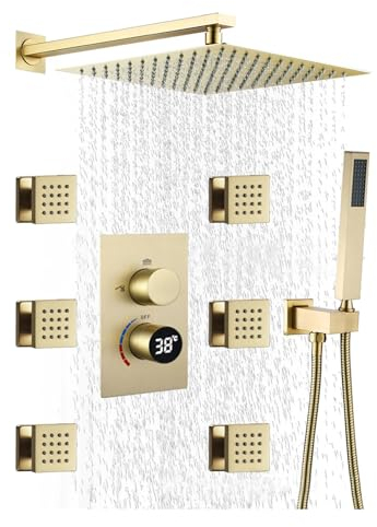 SWHC Duschsystem Unterputz Duscharmatur Set Digitale Anzeige Dusche Regendusche Set 3 Funktionen Messing Duschgarnitur mit Regendusche 30 * 30cm, Handbrause, 4PCS Seitenbrause