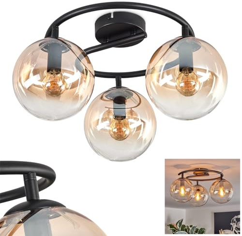 HOFSTEIN Ceiling lamp Gastor, Ceiling lamp Made of Metal/Glass in Black/Amber/Clear, luminaire in a Modern Retro/Vintage Design with Glass Shades (Ø 15 cm), 3 x E14, Without Light Source